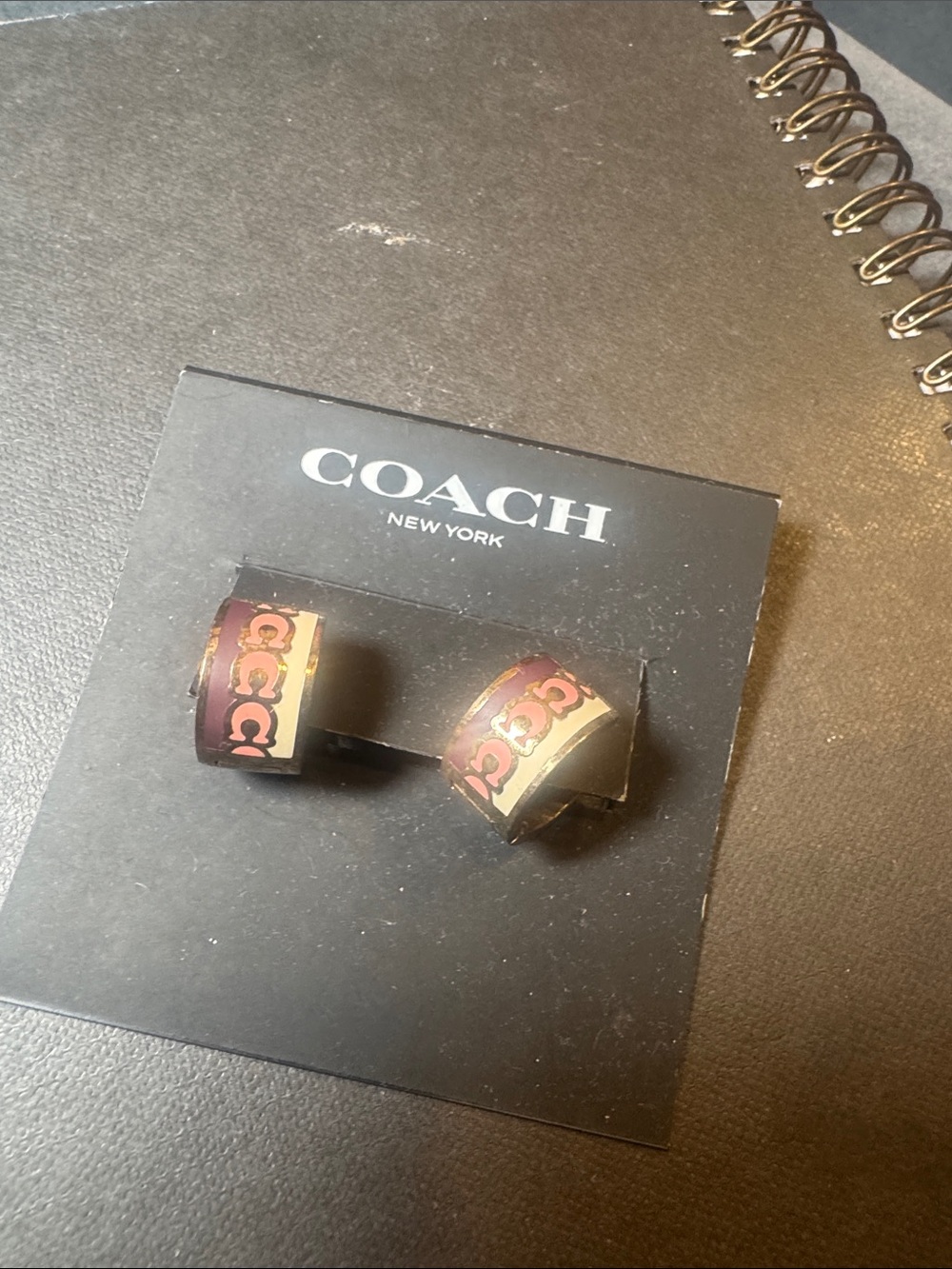 Coach Gold-Tone Hoop Earrings with purple and Pink Logo Band